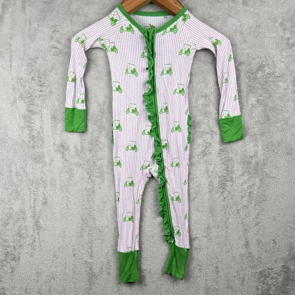 Kiki+Lulu One Piece Girls 18-24 M Pink Pinstripe Green Golf Carts Bamboo Ruffles